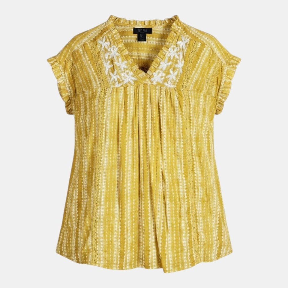 Rachel Roy S Yellow Striped Tunic Embroidered Flutter Sleeve Coastal Peasant EUC